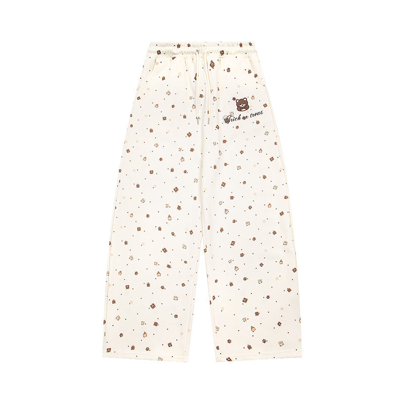 Women's Wide Lounge Pants in Culotte Style with Elastic Comfort Waistband and Cute Bear Print