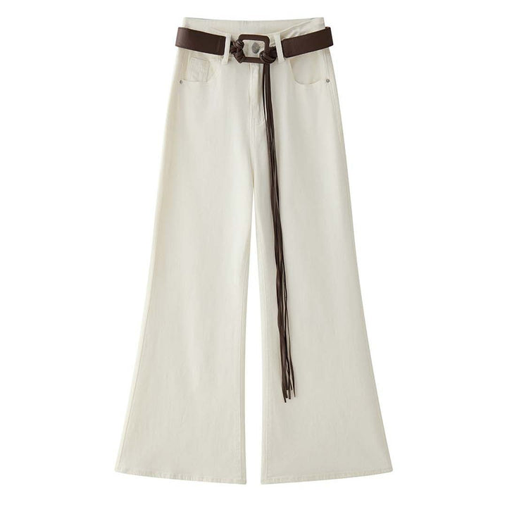 Women High-waisted wide cotton pants with wide leg and fringed leather belt Amarae