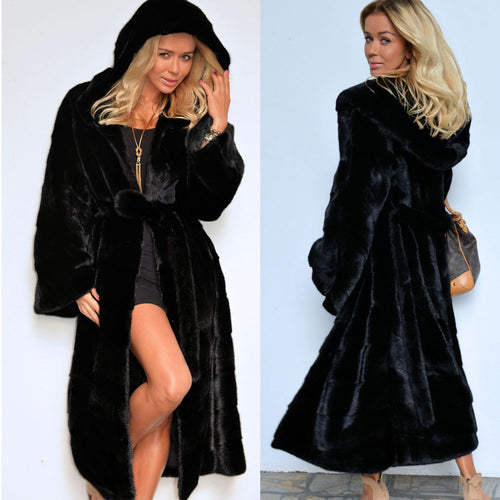 Luxury faux fur coat for women with hood and wide belt Amarae