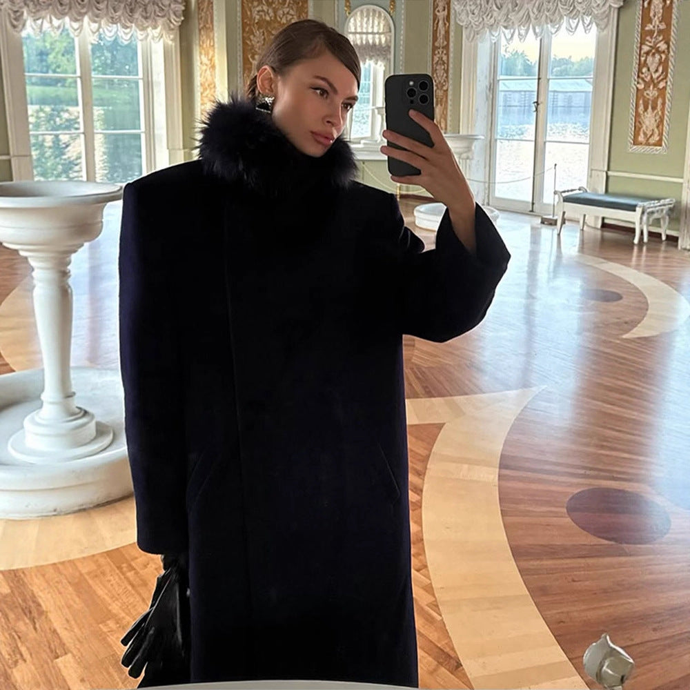 Women's long wool blend coat with generous faux fur shawl collar and oversized cut Amarae