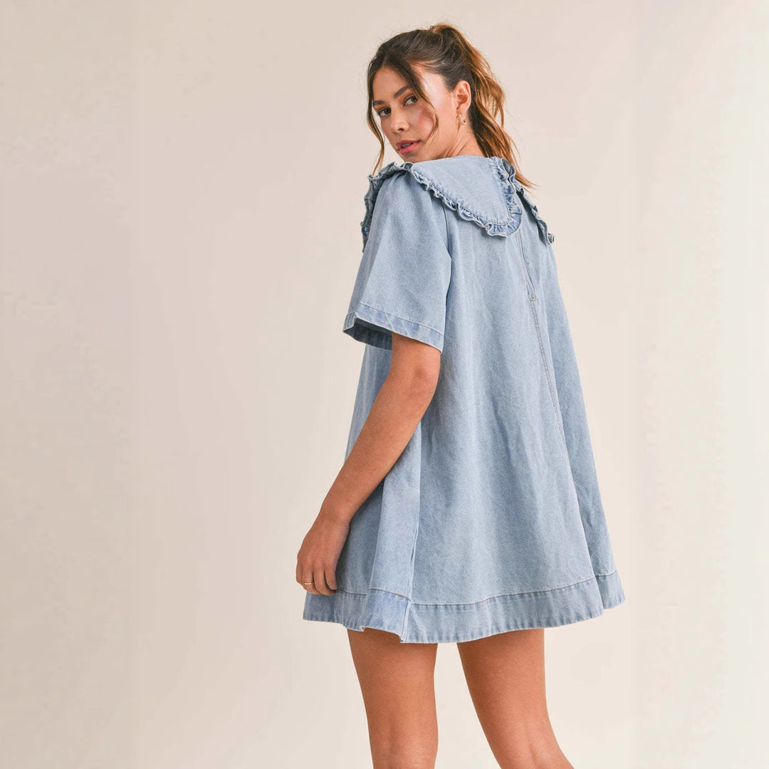 Women's denim dress with elegant ruffled collar finish Lune London