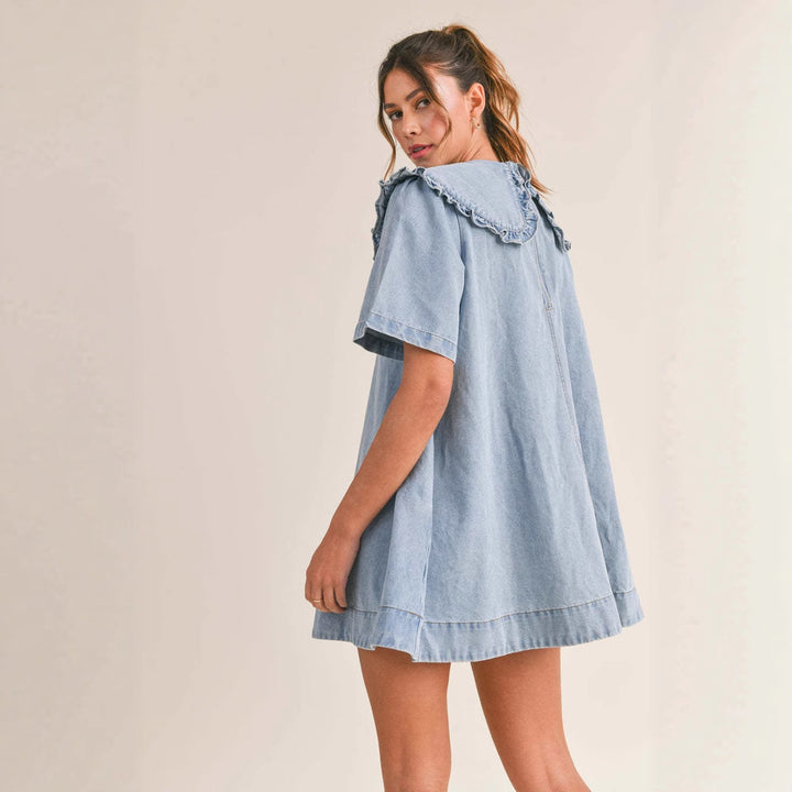 Women's denim dress with elegant ruffled collar finish Lune London