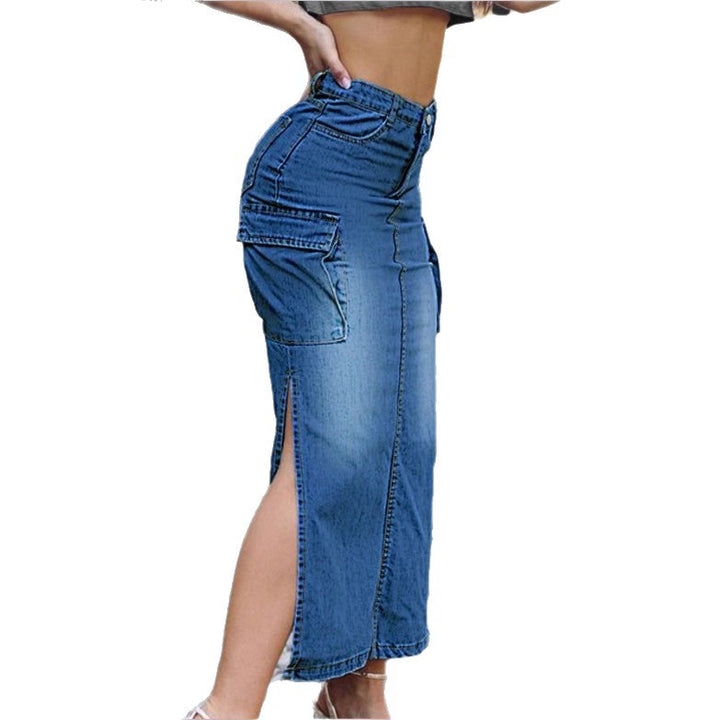 Women's High-Waisted Denim Midi Skirt with Cargo Pockets, Side Slits, and Waist-Defining Cut Amarae