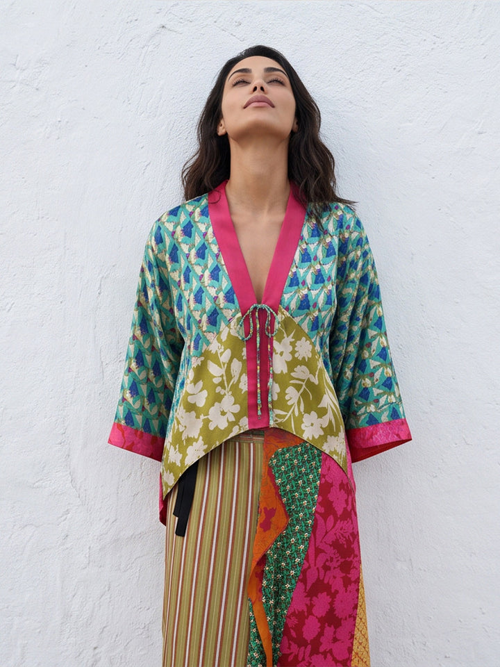 Women's Patchwork Kimono Top made of silk blend with deep V-neck and tie belt Amarae