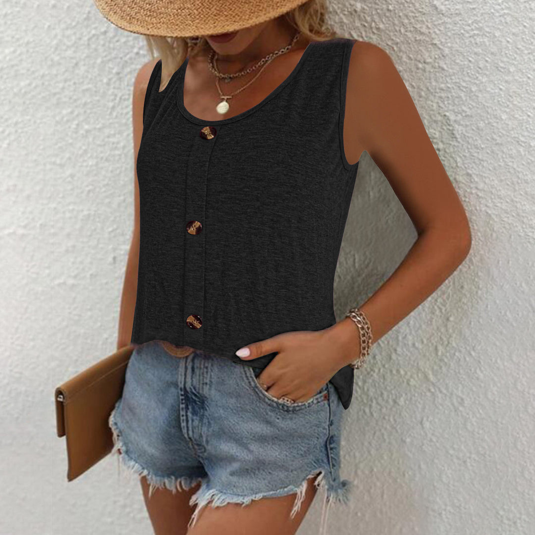 Sleeveless round neck top for women with button placket Lune London