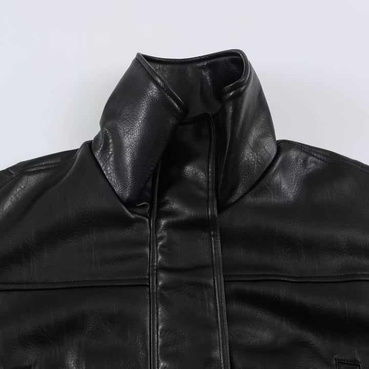 Women's Oversized Leather Look Blouson Jacket with Stand-up Collar and Elastic Hem Amarae