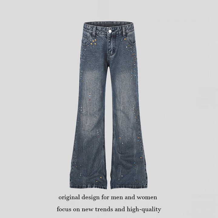 Women High-Waist Flared Jeans with Pearl and Stud Decoration Amarae