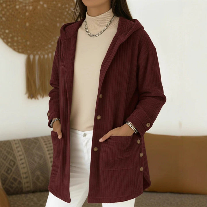 Women's Long Hooded Knitted Cardigan with Ribbed Texture, Button Placket and Side Pockets Amarae