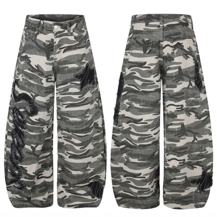 Women's Wide Camouflage Palazzo Pants with Balloon Hem and Decorative Stitch Details Amarae