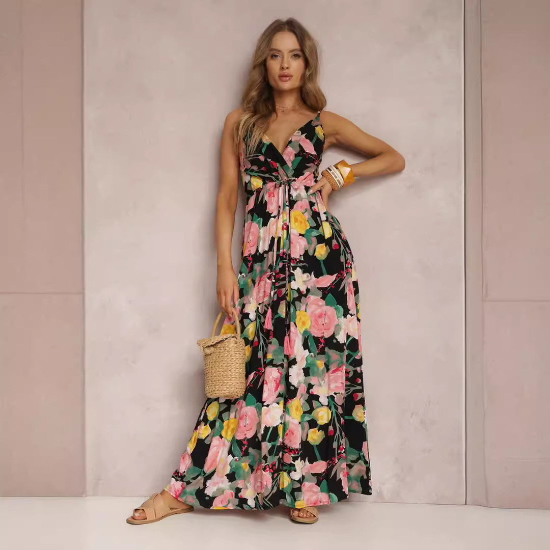Floral maxi dress for women with tie belt Lune London