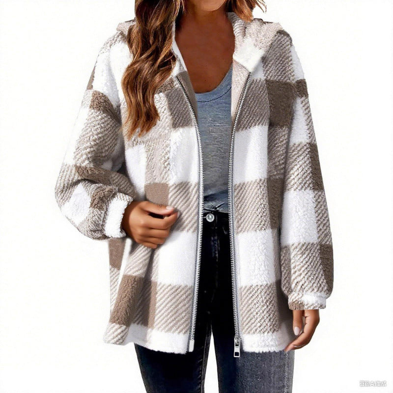 Fleece jacket for women with plaid pattern and hood Lune London