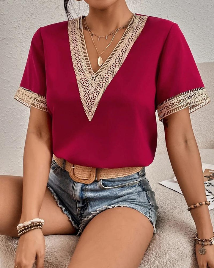 Elegant V-neck blouse with lace for women Lune London
