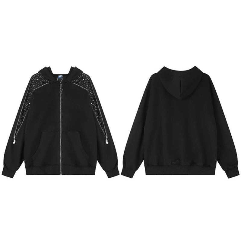 Women's hooded sweat jacket with decorative stone shoulder panel, star zipper, and oversized silhouette Amarae