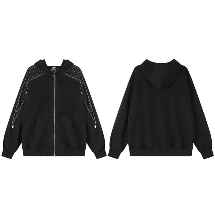 Women's hooded sweat jacket with decorative stone shoulder panel, star zipper, and oversized silhouette Amarae