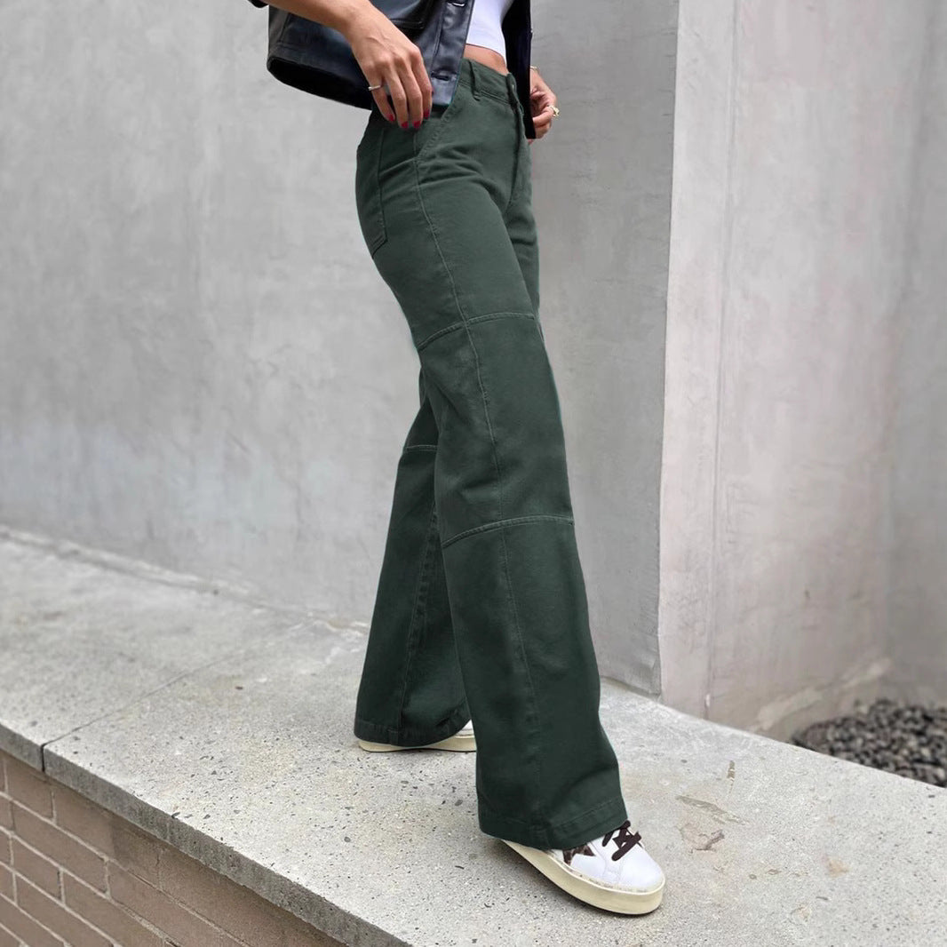 Women's High-Waisted Cargo Palazzo Pants with Seam Segments and Side Flap Pocket Amarae