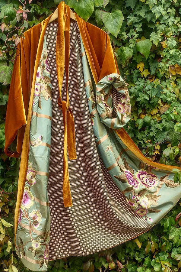Chic Und Stil | Satin Digital Floral Waist Belt Cardigan Pajamas
