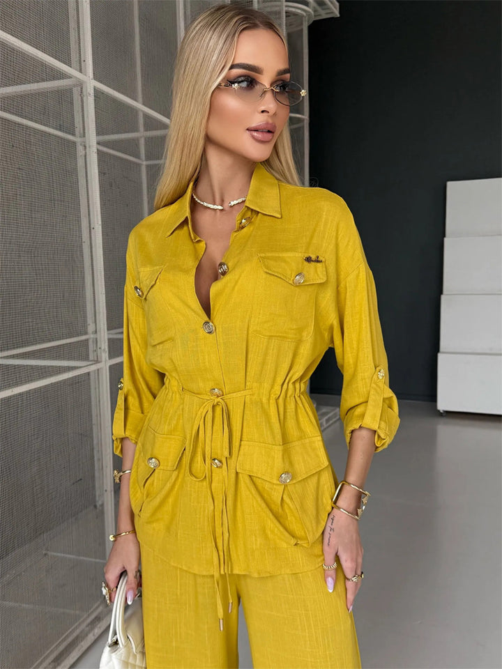 Women's Linen Look Utility Shirt Jacket with Drawstring Waist and Golden Decorative Buttons Amarae