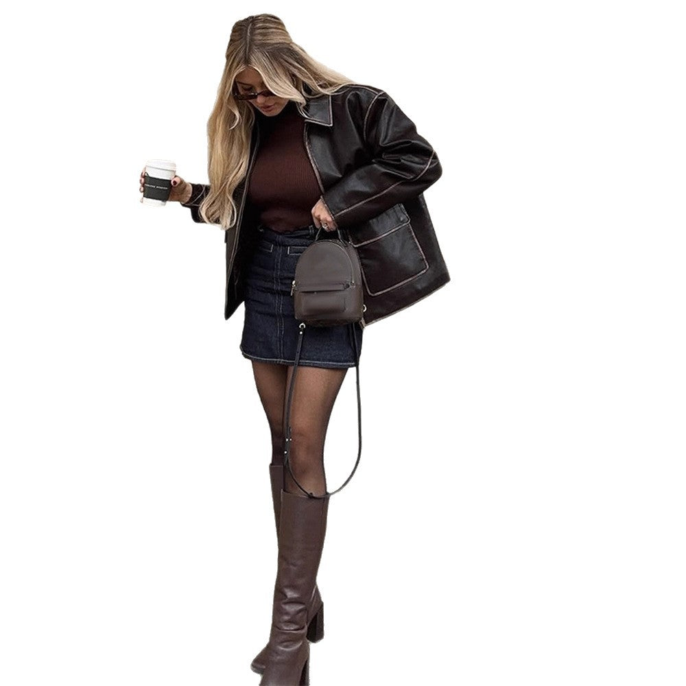 Women's Short Faux Leather Jacket in Aviator Look with Contrasting Decorative Seams Amarae