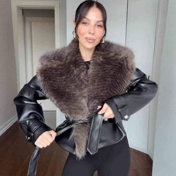 Women's short jacket in biker blouson style made of imitation leather with voluminous faux fur shawl collar and waist belt Amarae