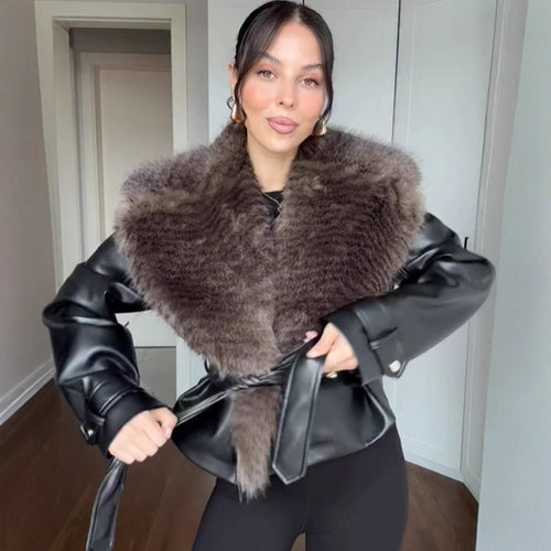Women's short jacket in biker blouson style made of imitation leather with voluminous faux fur shawl collar and waist belt Amarae