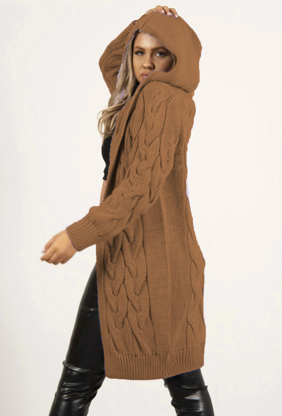 Ladies large knit wrap cardigan with hood and cable pattern Lune Londonl