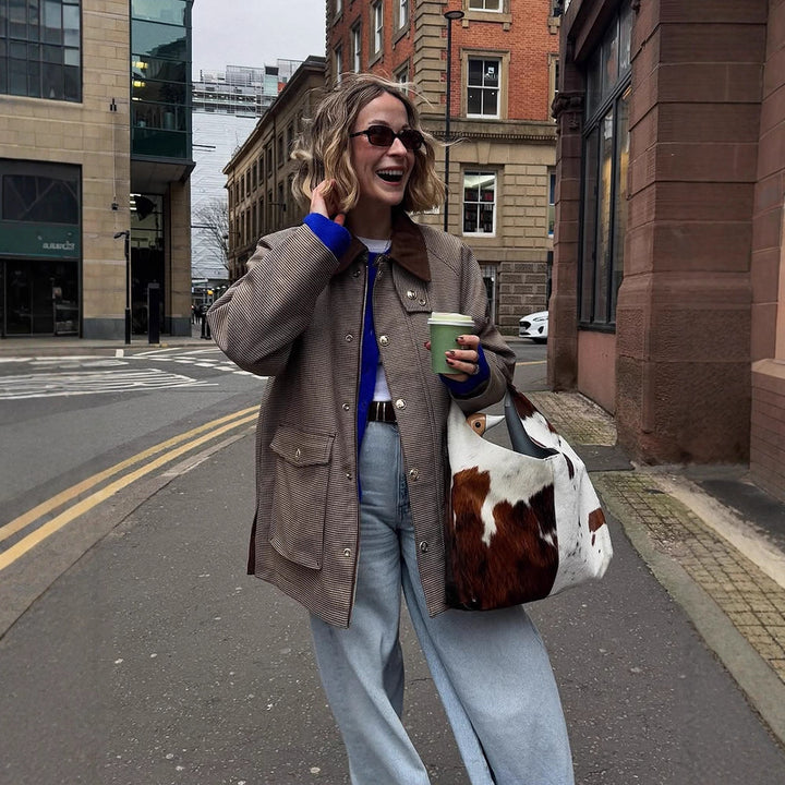 Women Oversize Boxy Jacket in Glencheck with Velvet Collar and Golden Decorative Buttons Amarae