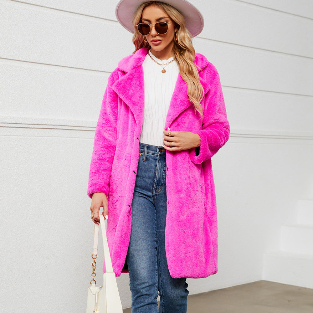 Ladies Long Plush Coat with Elegant Lapel Lune London