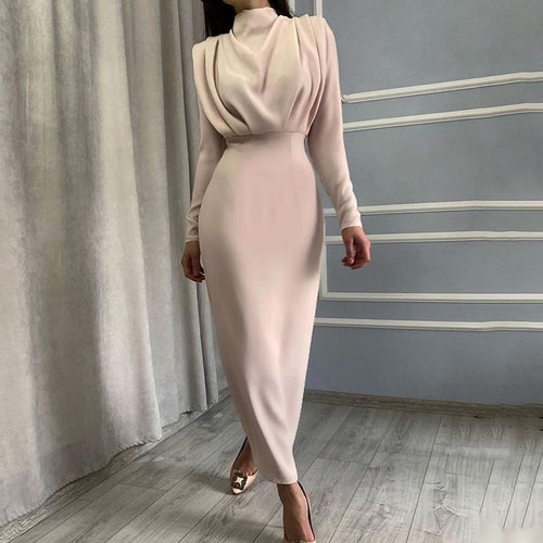 Ladies Elegant Long Dress with Long Sleeves and Chic Draping and Style