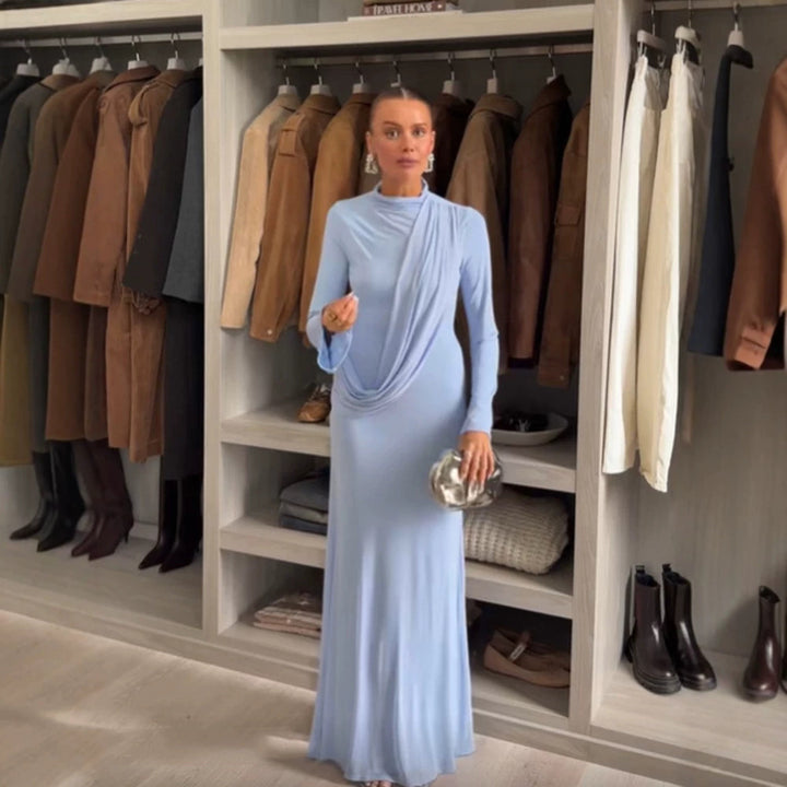 Women's Maxi Dress with Draped Front, Stand Collar and Bell Sleeves Amarae