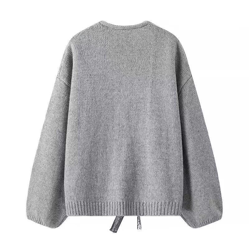 Women's Oversized Knit Cardigan with V-Neck and Sequin Bows Amarae