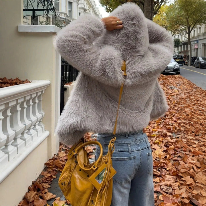 Women's Hooded Faux Fur Short Jacket with Dense Long Pile and Oversize Silhouette Amarae