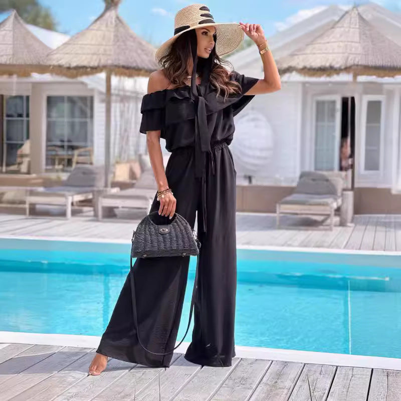Ladies Off-Shoulder Wide Leg Jumpsuit Lune London