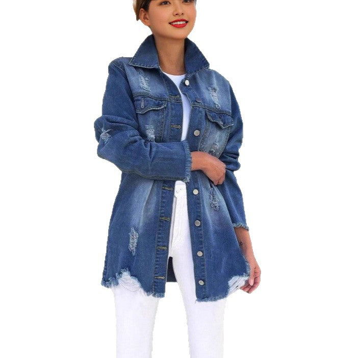 Women's Oversized Denim Jacket with Destroyed Details, Fringed Hem and Concealed Button Placket Amarae