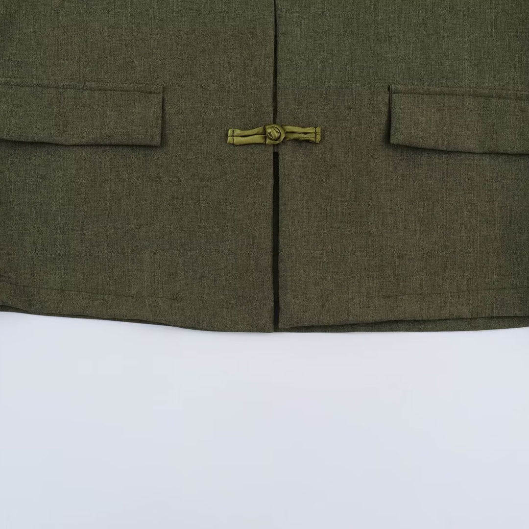Women's Boxy Linen Blend Jacket with Stand Collar and Chinese Toggle Closures Amarae