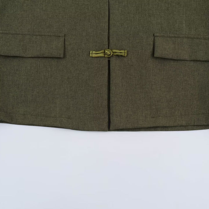 Women's Boxy Linen Blend Jacket with Stand Collar and Chinese Toggle Closures Amarae