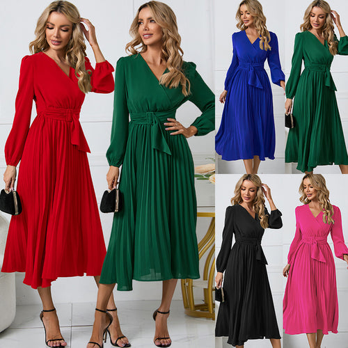 Women Elegant wrap dress with decorative pleats and belt at the waist Amarae