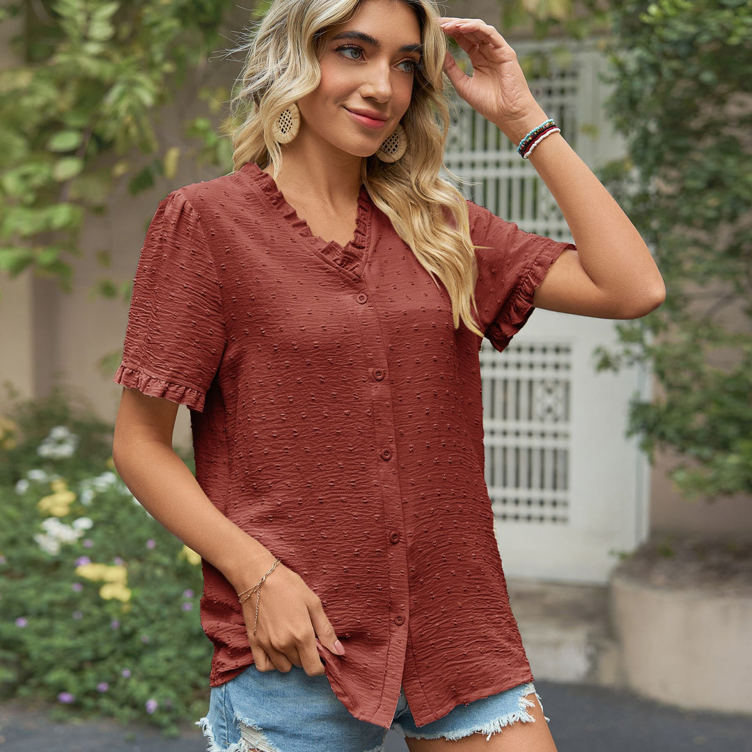 Women's blouse with ruffle details and lightweight textured fabric Lune London