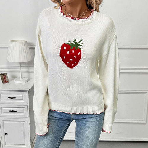 Knitted sweater for women with strawberry fruit pattern and relaxed fit Amarae