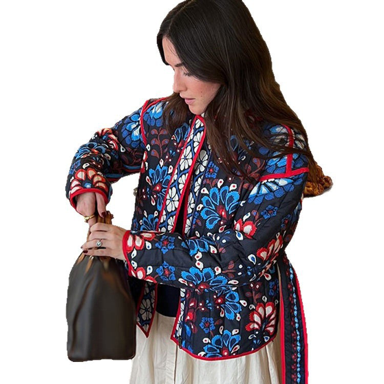 Women's Tailored Quilted Jacquard Cotton Jacket with Folk Floral Pattern & Tie Belt Amarae