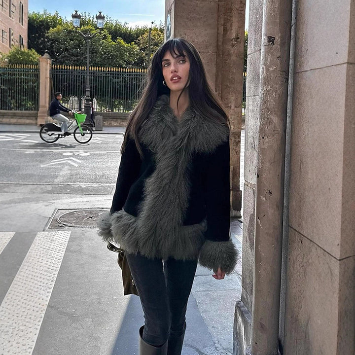 Women's short coat made of artificial fur with voluminous curl trim Amarae