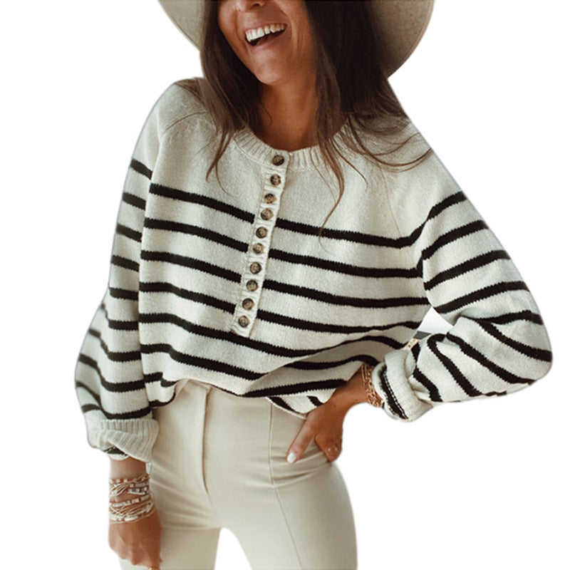 Casual knit sweater for women with button details and a striped pattern Lune London