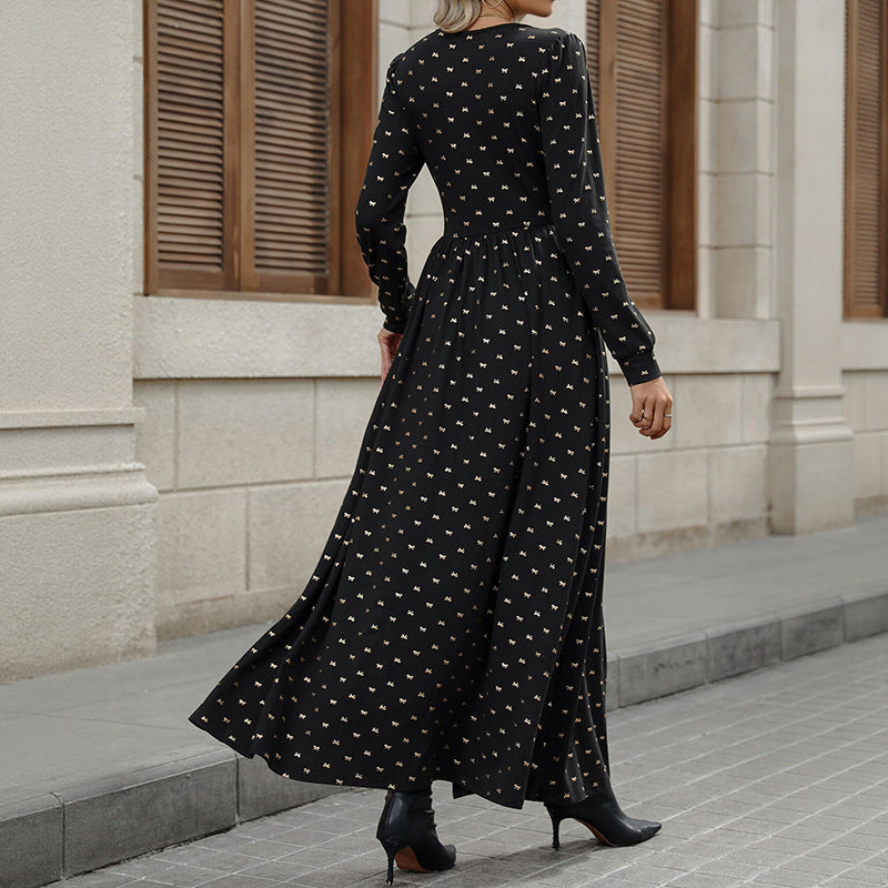 Maxi dress for women with plunging V-neck and playful pattern Lune London
