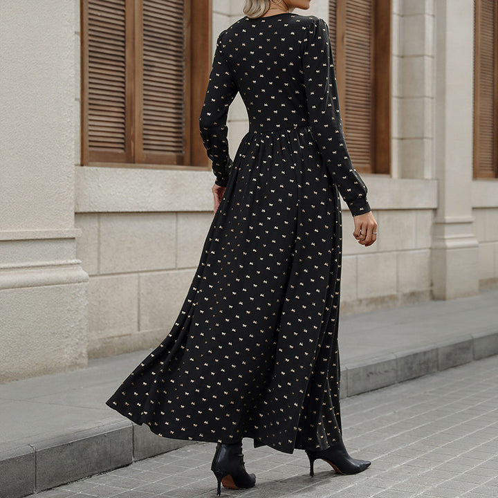 Maxi dress for women with plunging V-neck and playful pattern Lune London