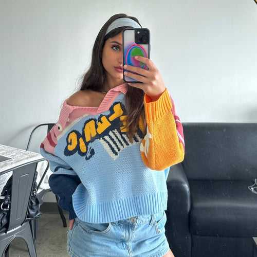 Knit sweater for women with colorful graphic design and modern collar Amarae