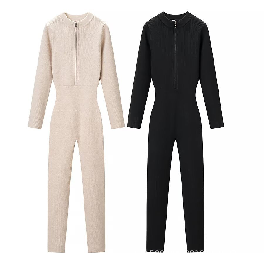 Ladies Body-Con Knitted Jumpsuit with Zipper and Stand Collar Amarae