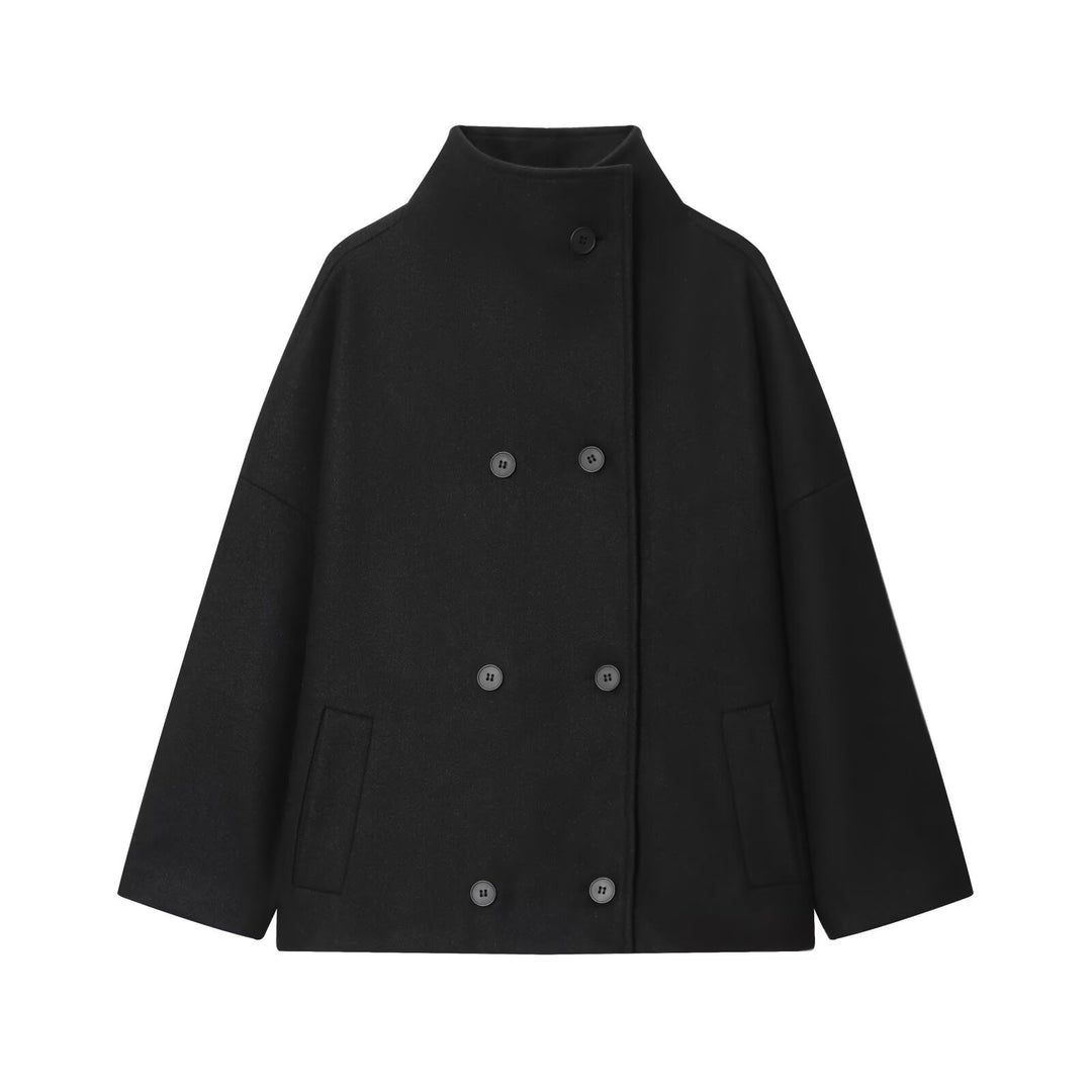 Women's Short Cape Coat made of Wool Blend with High Standing Collar and Double-Breasted Button Placket Amarae