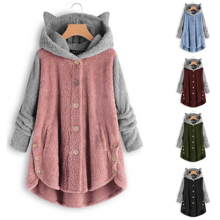 Women's Cozy Hooded Teddy Jacket with Cat Ears, Wooden Button Details and High-Low Hem Amarae