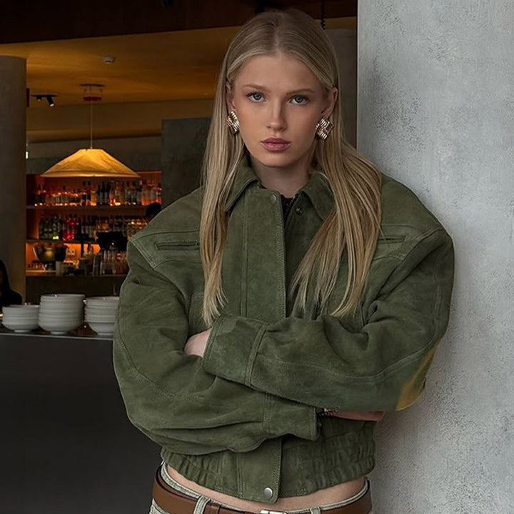Women's Short Suede Bomber with Elastic Waist and Dropped Shoulder Amarae
