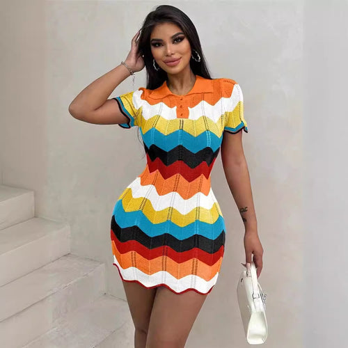 Ladies' knit dress with a modern wave pattern and a polo collar Amarae