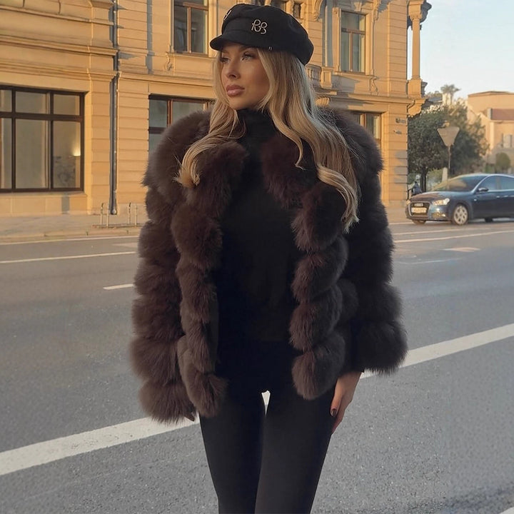 Women's Short Plush Boxy Faux Fur Blouson with Layered Volume Stripes Amarae